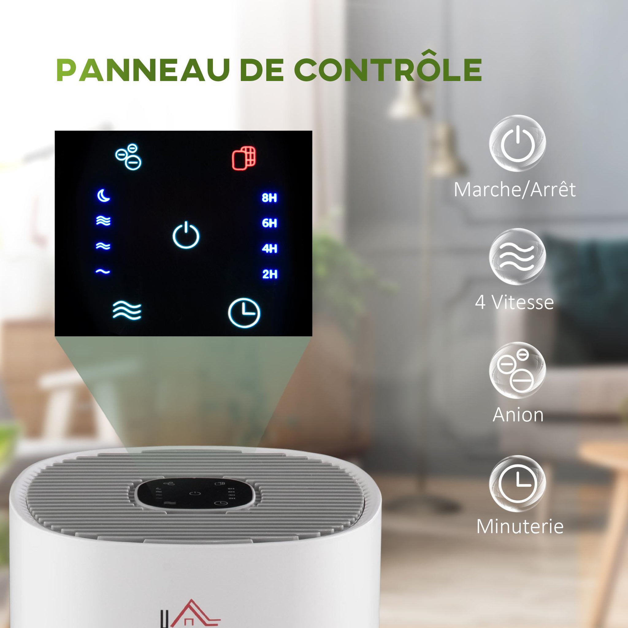 Voir la diapositive 6 : HOMCOM Purificateur d'air 50 W 4 vitesses mode silencieux - filtre HEPA, charbon actif -  jusqu'à 24 m² - débit d'air pur 225 m³/h - timer - ABS blanc gris