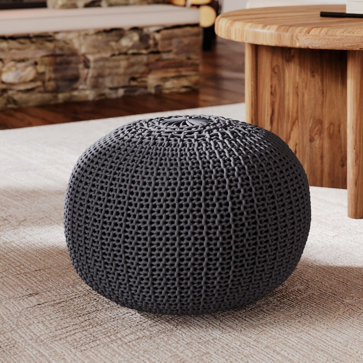 Rendez vous déco Pouf tricot rond en coton jaune moutarde D40 cm - Elisa