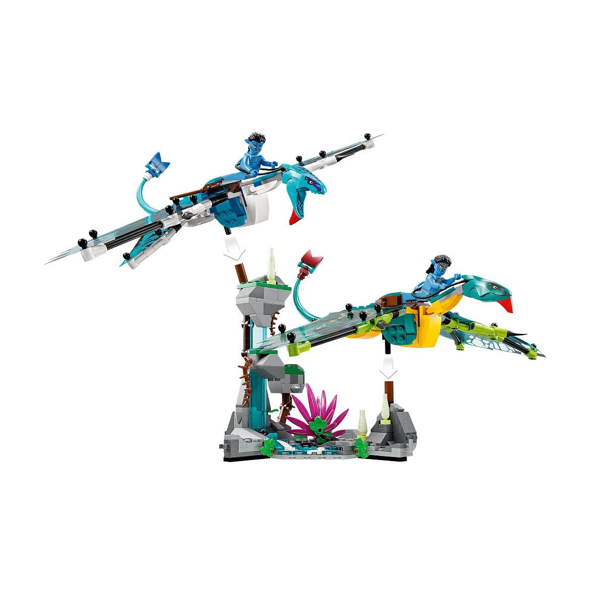LEGO Disney 75572 Avatar Le premier vol en banshee de Jake et Neytiri, Jouet Pandora, avec Animaux