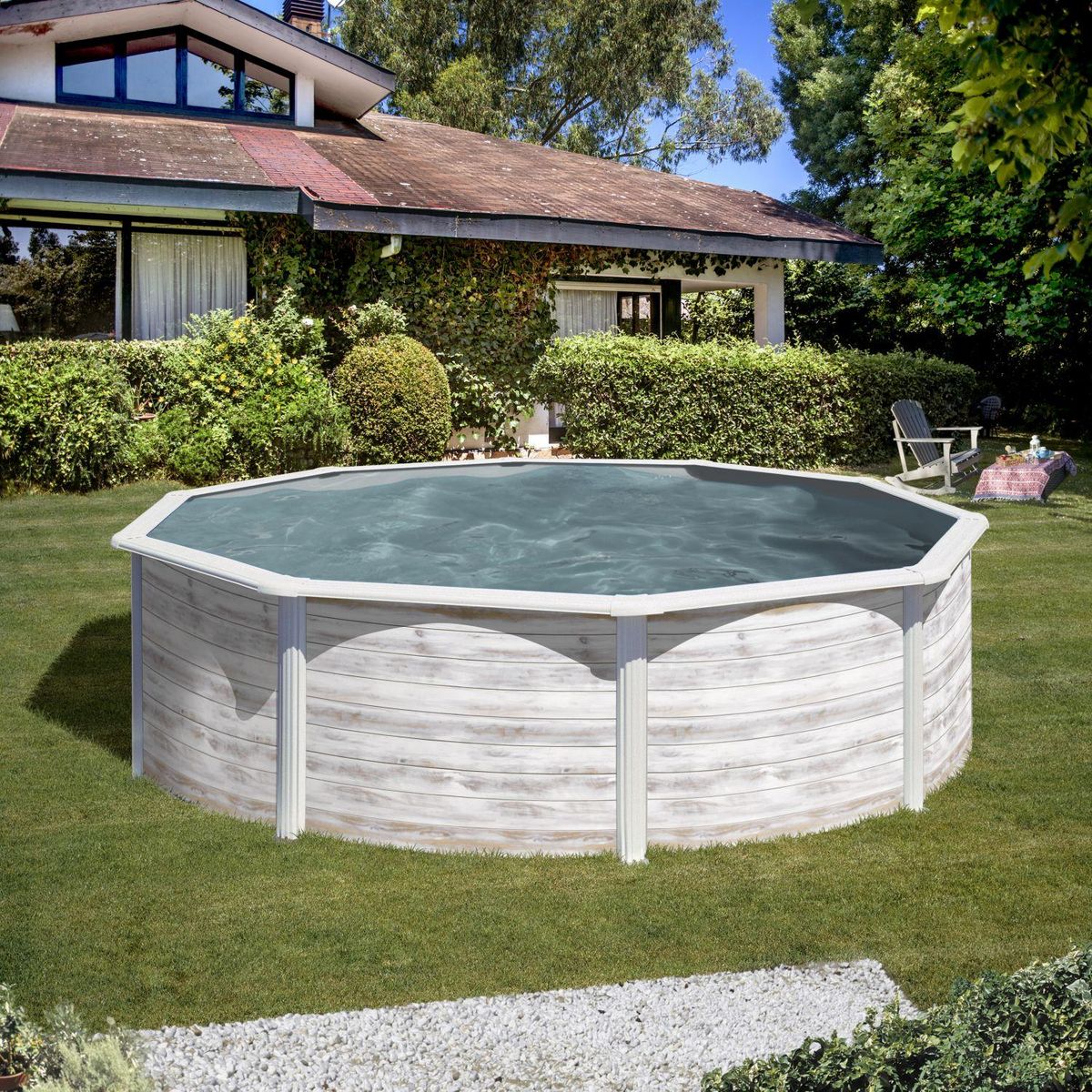 Piscine hors sol ronde acier Ø4,80m x H 1,22m - Imitation bois Nordique Filtration à sable