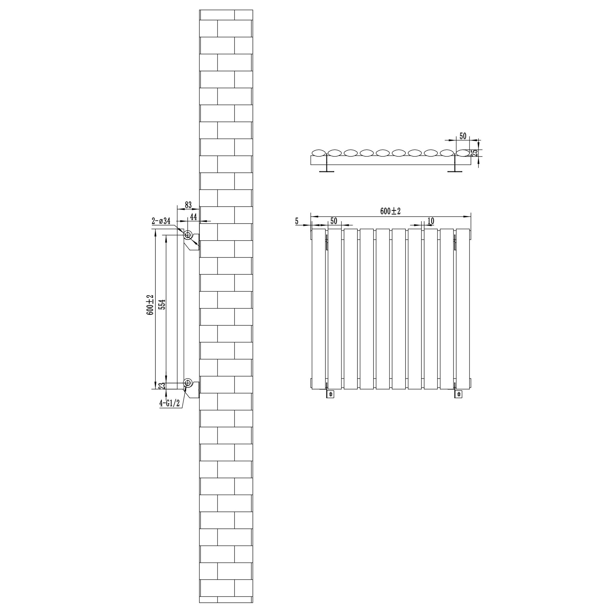 Voir la diapositive 5 : MONSTERSHOP Radiateur à colonnes ovales & vannes, 1 panneau - 600 x 600 mm