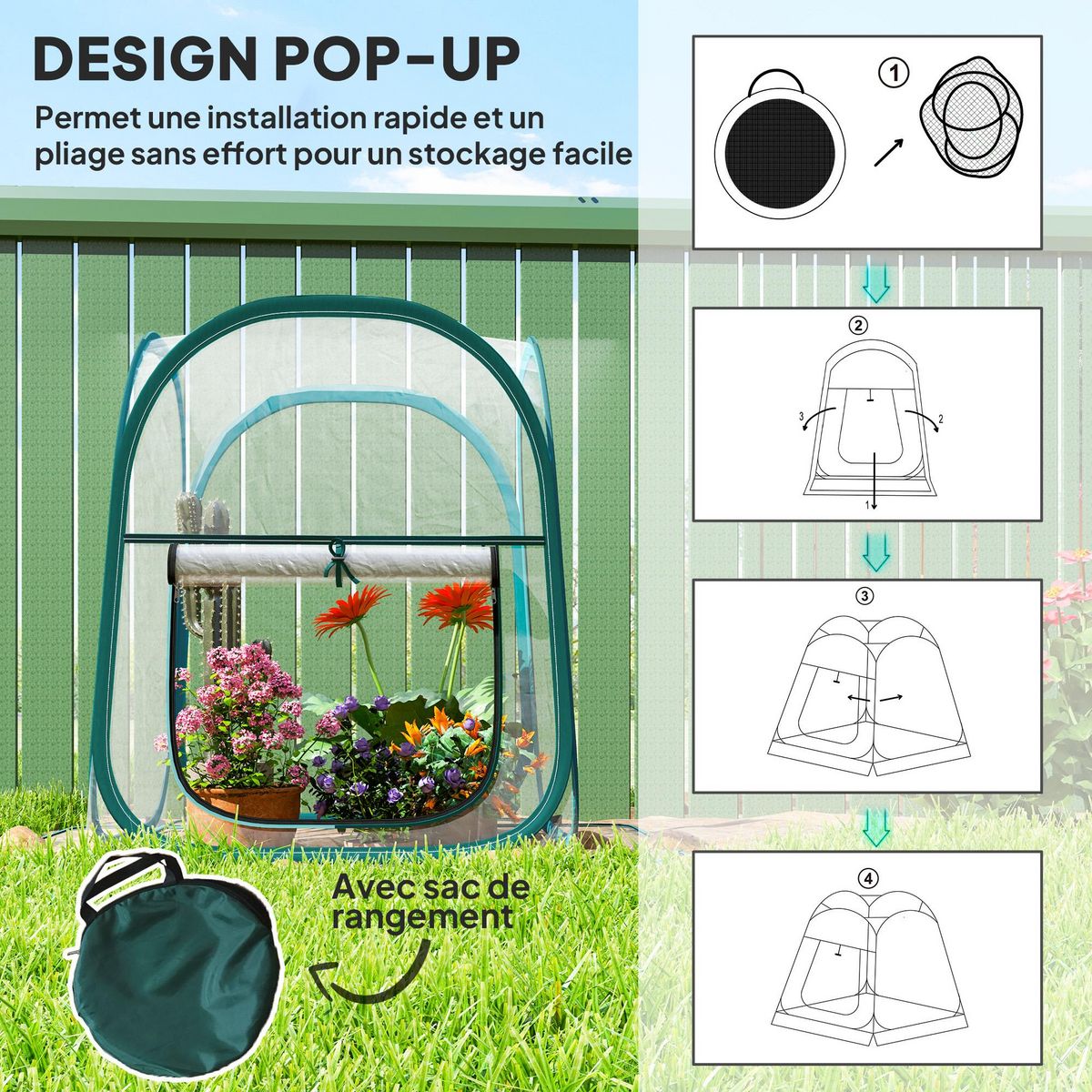 OUTSUNNY Mini serre de jardin pop up avec sac de transport - porte zippée enroulable - dim. 70 x 70 x 80 cm - PVC transparent vert