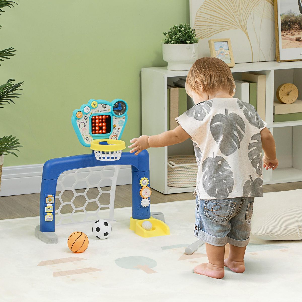 HOMCOM Jeux sportifs 3 en 1 enfant 18-48 mois - foot, basket, golf - effets lumineux sonores bleu