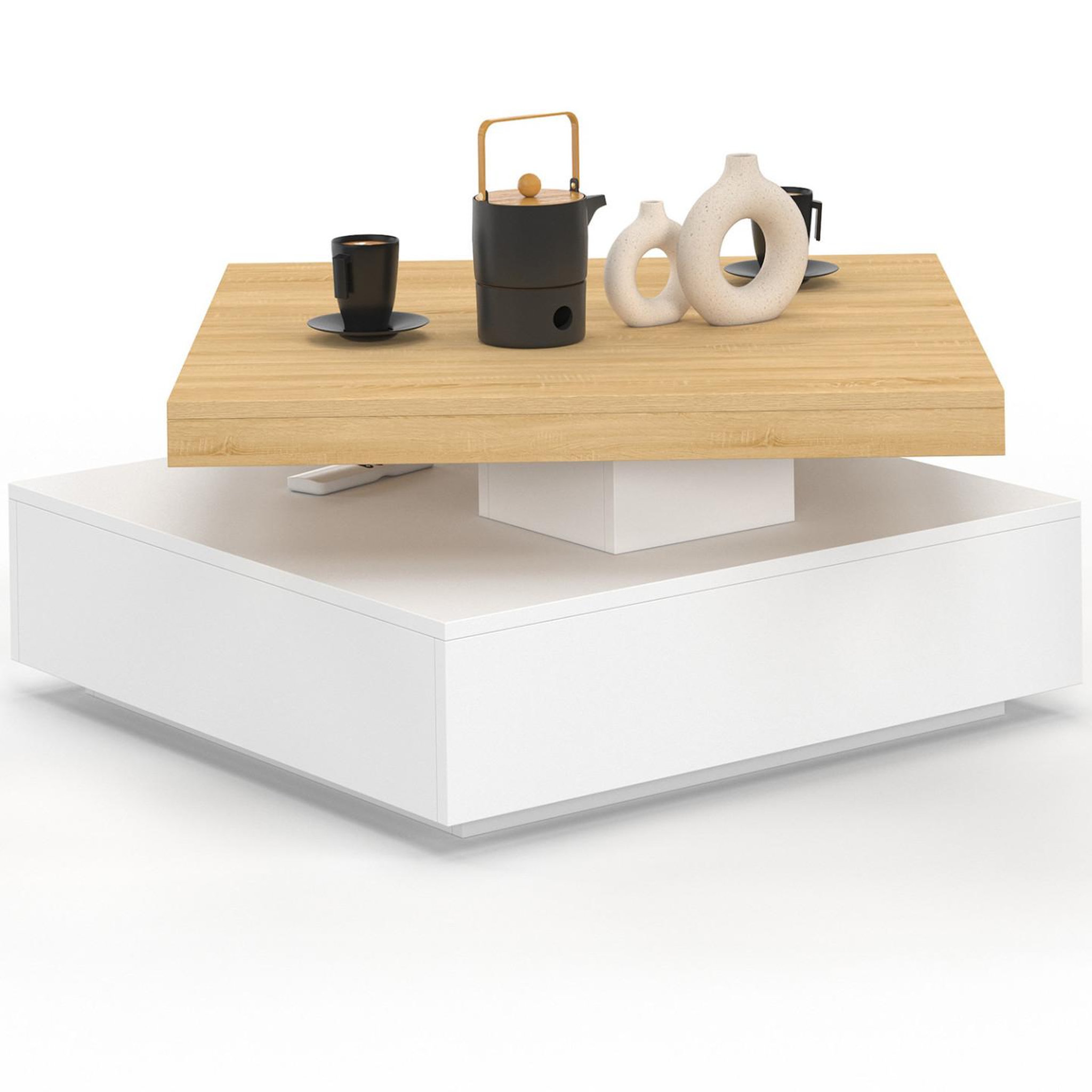 Voir la diapositive 4 : ID MARKET Table basse carrée pivotante thea 70 cm bois et blanc