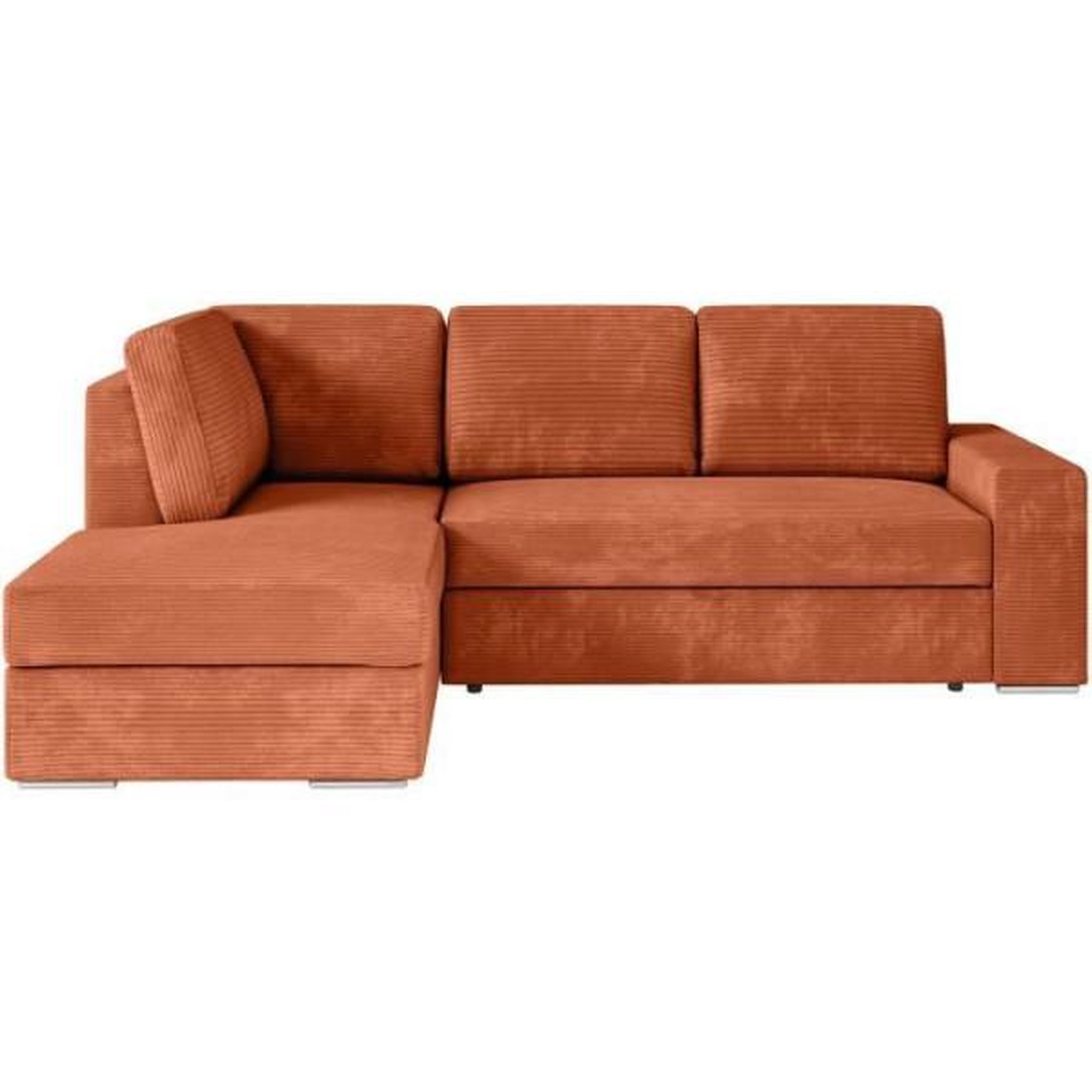 Voir la diapositive 1 : LOUNGITUDE Canapé d'angle gauche 3 places convertible ADEN avec coffre en velours côtelé - Terracotta - L246 x P174 x H96cm - LOUNGITUDE