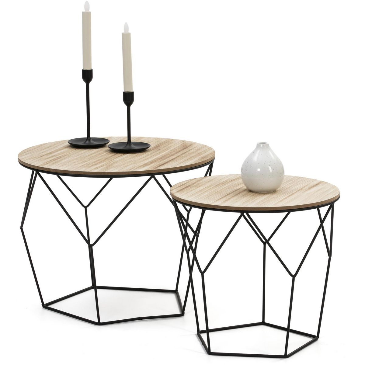 VS VENTA-STOCK Set de 2 Tables Basses Tokio,Plateau en placage de Bois Naturel et Structure en métal