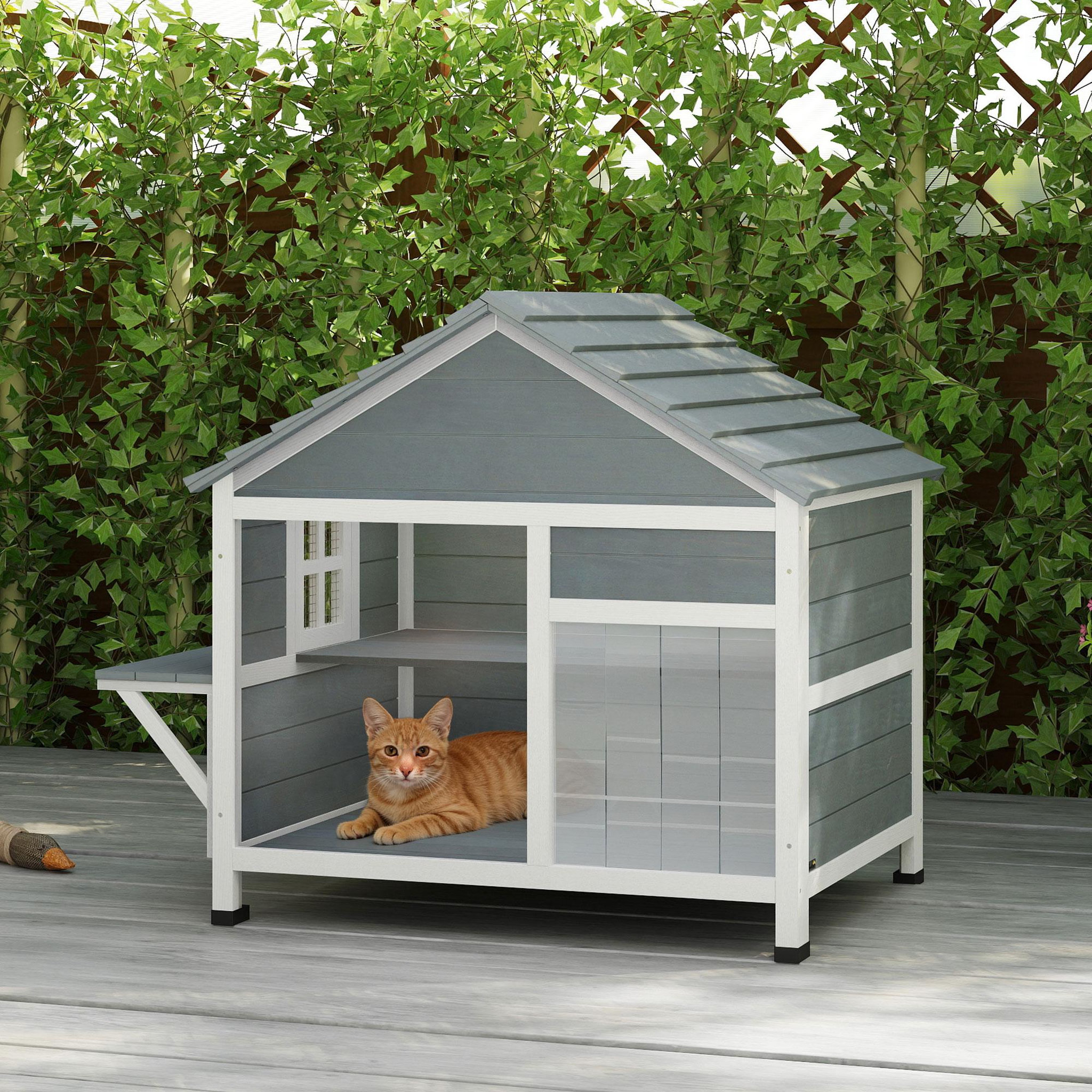 Voir la diapositive 2 : PAWHUT Niche maison pour chat bois - fenêtre verrouillable, étagères, portes, toit ouvrant - blanc gris