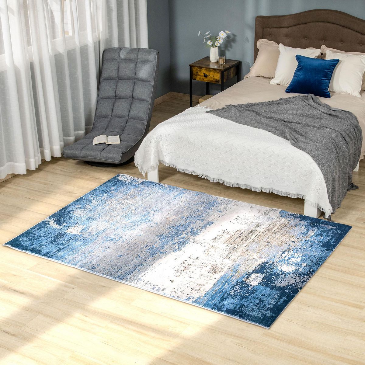 HOMCOM Tapis effet tie and dye aspect cachemire - dim. 2L x 1,6l m - 100% polyester - bleu gris