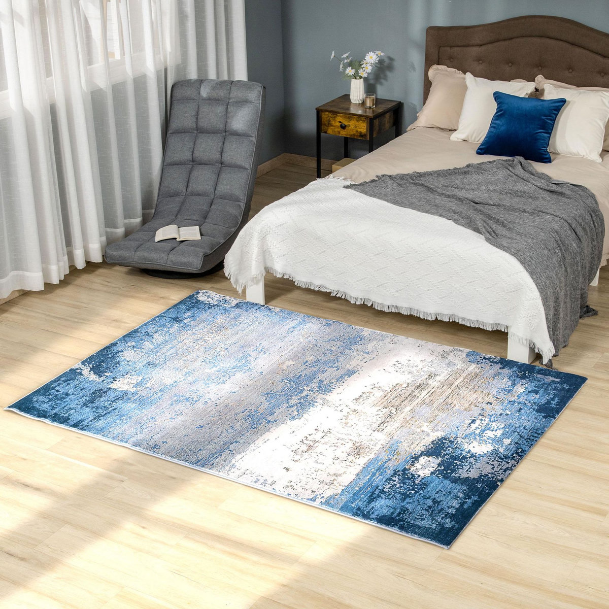 HOMCOM Tapis effet tie and dye aspect cachemire - dim. 2L x 1,6l m - 100% polyester - bleu gris