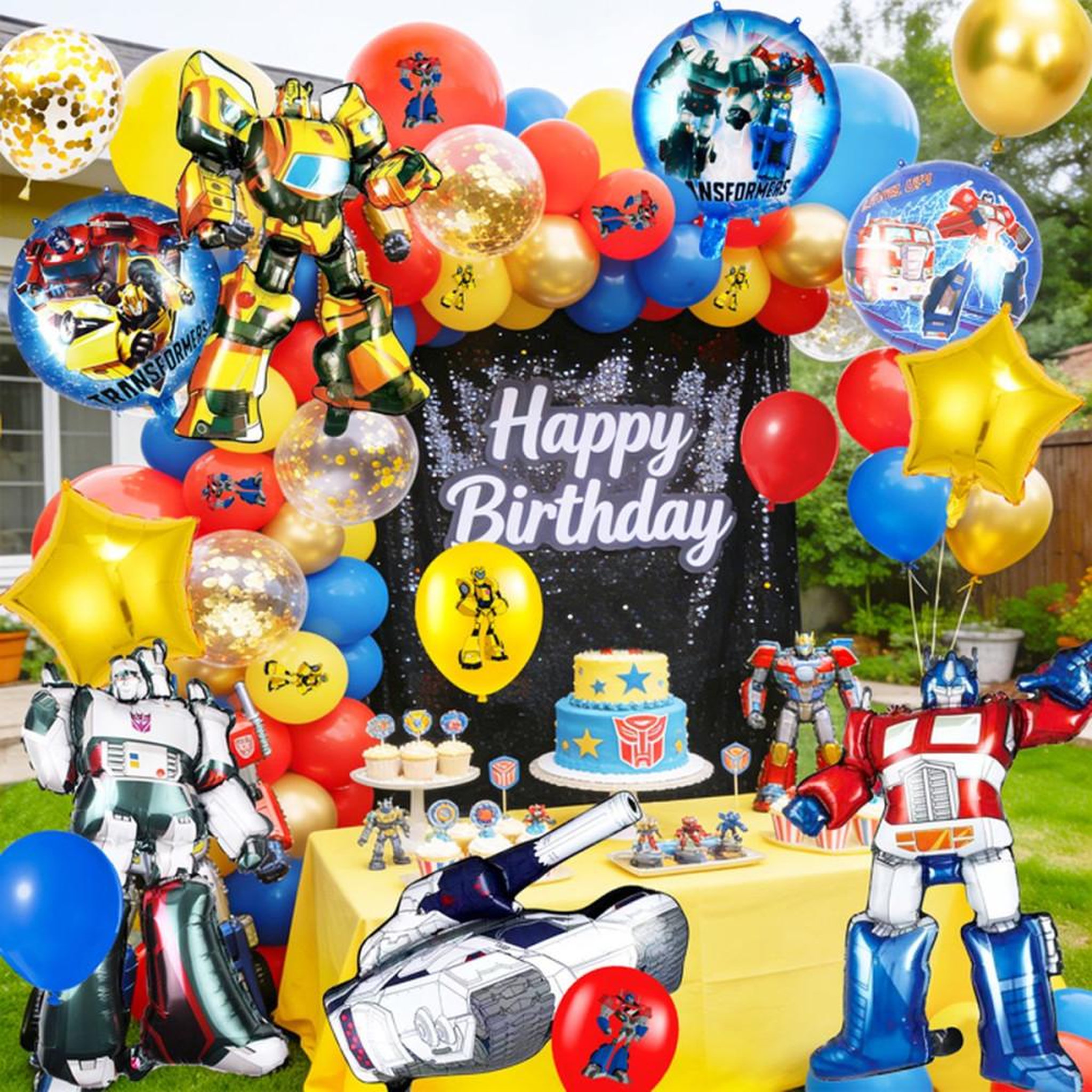 Voir la diapositive 3 : Décoration ballons Transformers : coffret avec 3 ballons personnages aluminium, 3 ballons aluminium ronds, 2 ballons étoiles et 55 ballons latex pour anniversaire enfant