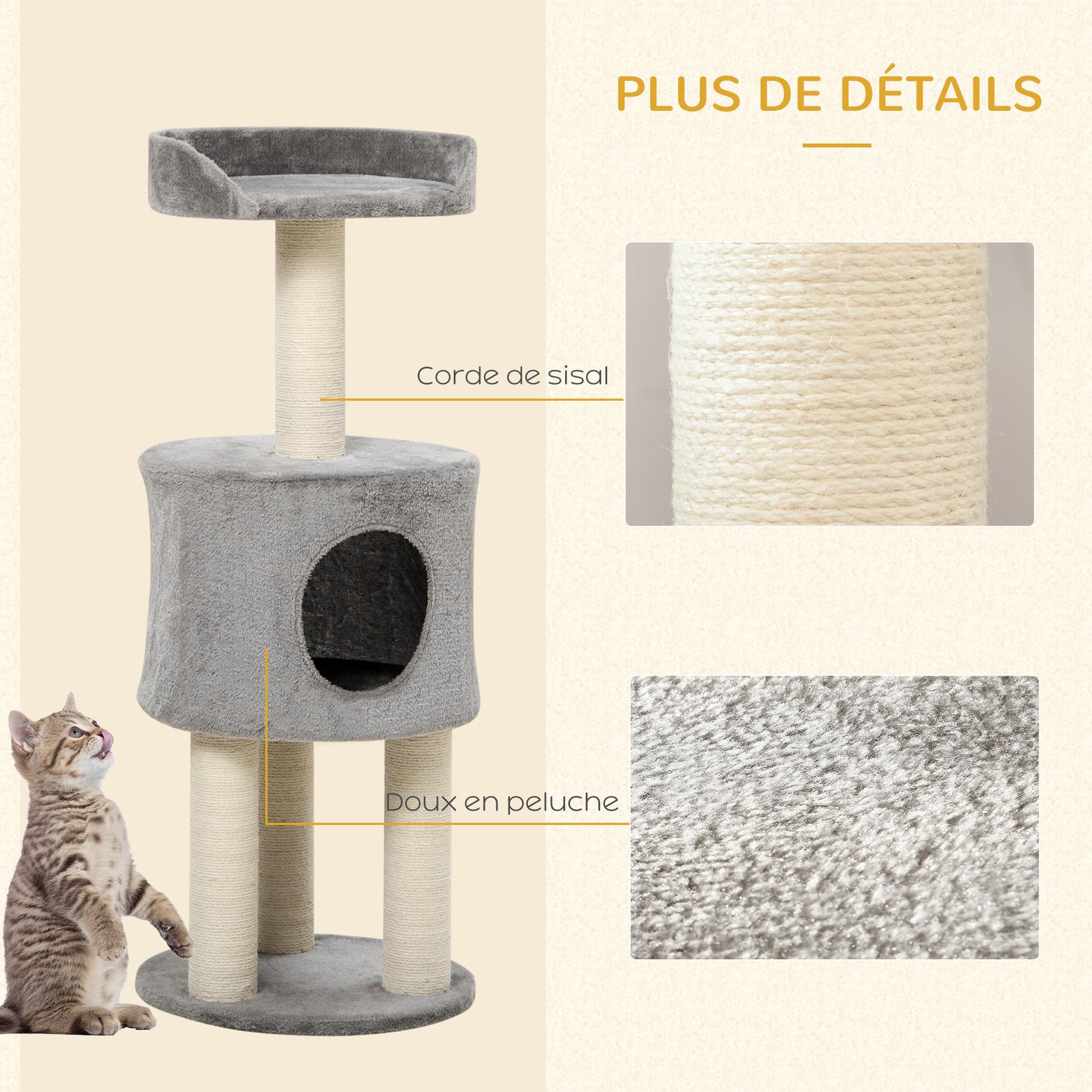 Voir la diapositive 6 : PAWHUT Arbre à chat griffoirs sisal naturel arbre à grimper h.103 cm niche plateforme d'observation peluche grise