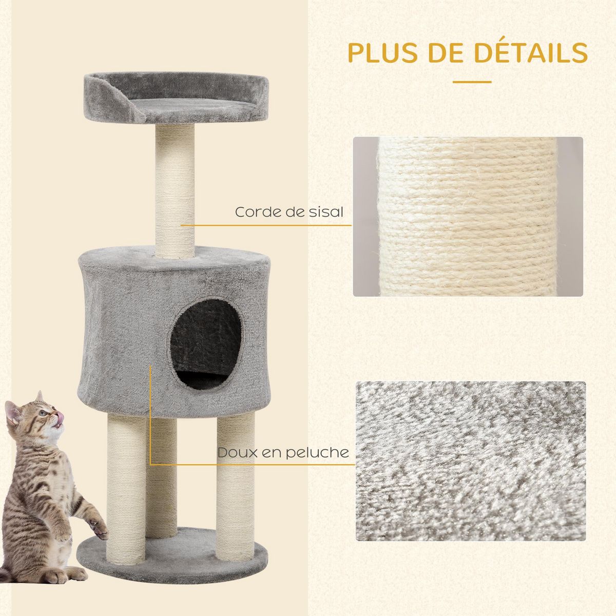 PAWHUT Arbre à chat griffoirs sisal naturel arbre à grimper H.103 cm niche plateforme d'observation peluche grise