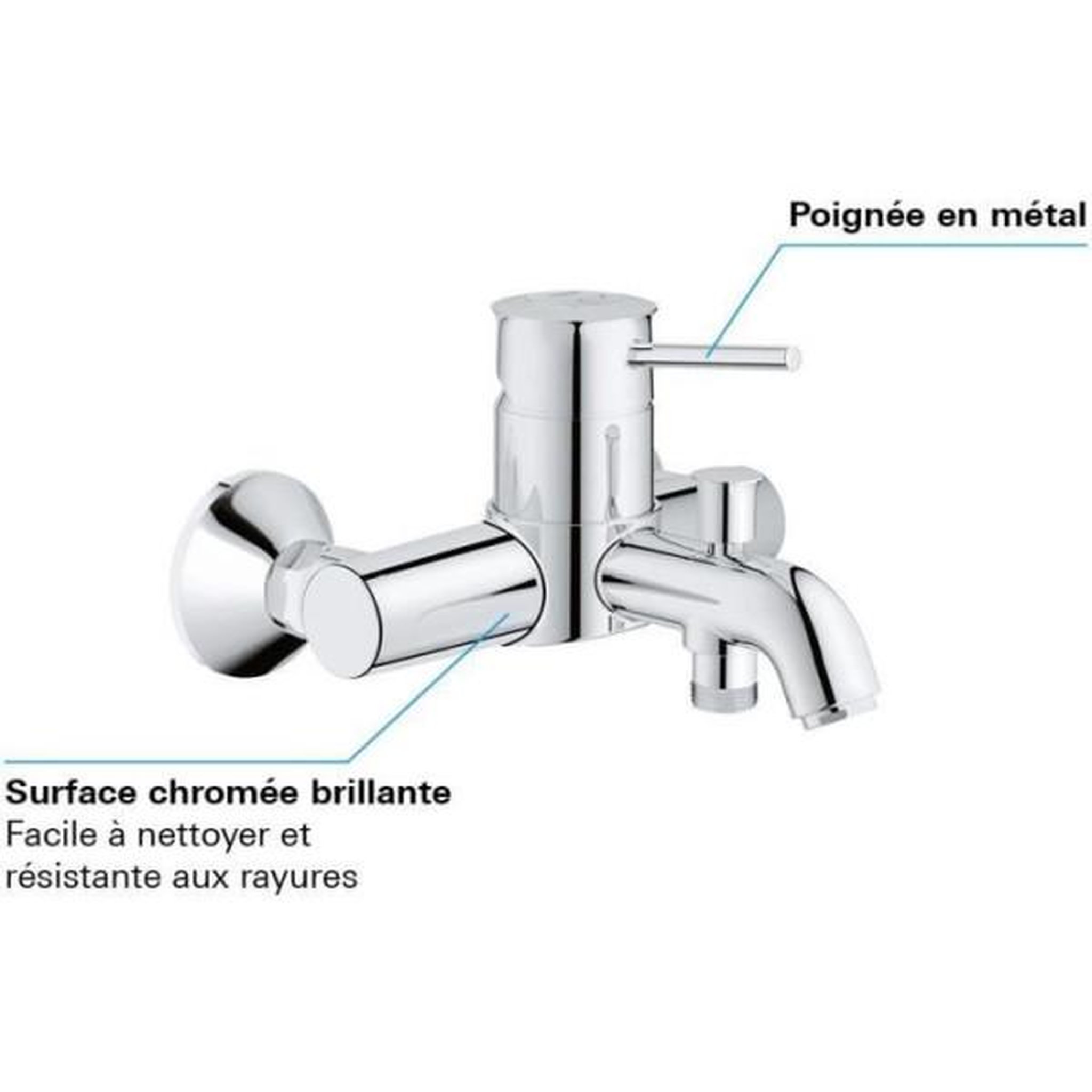 Voir la diapositive 4 : Grohe Mitigeur monocommande Bain / Douche mural GROHE - Finition Chromé - Profondeur 191 mm