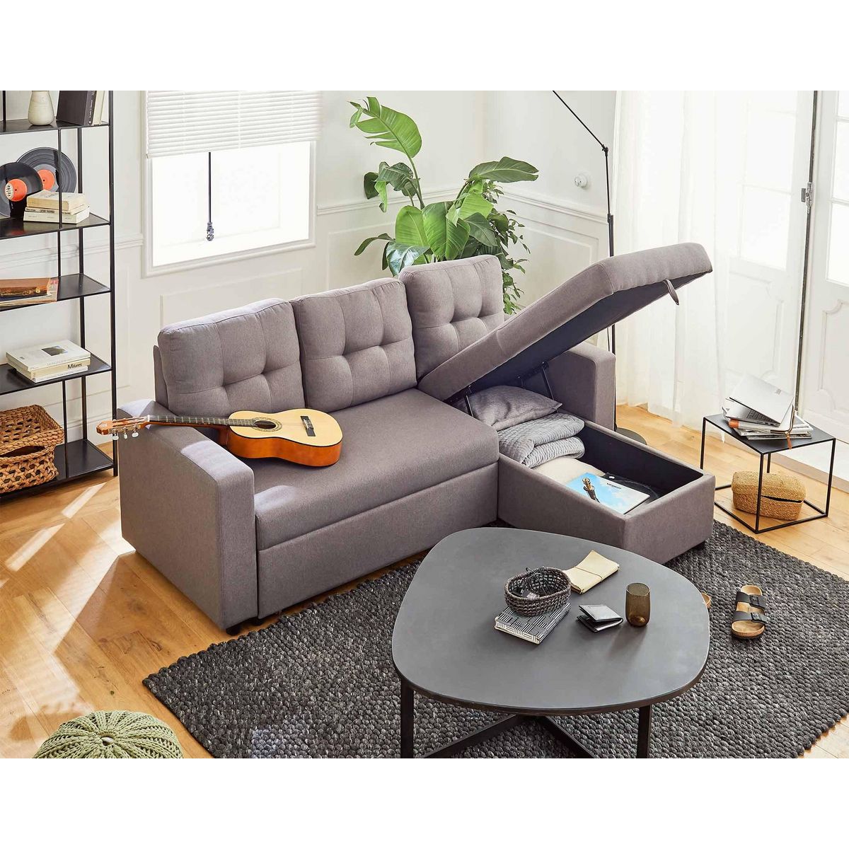 BEST MOBILIER Tulipe - canapé d'angle réversible - 4 places - convertible avec coffre - en tissu