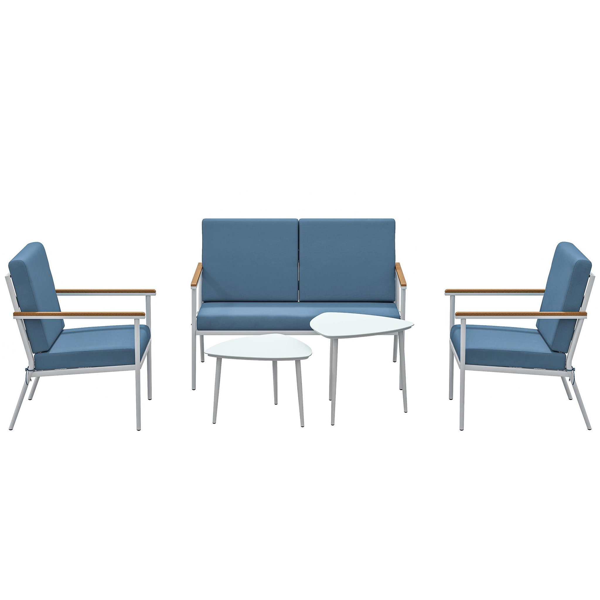 Voir la diapositive 4 : OUTSUNNY Salon de jardin 4 personnes 5 pièces 2 tables basses gigognes acier blanc accoudoirs effet bois coussins bleu