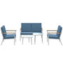Voir la diapositive 4 : OUTSUNNY Salon de jardin 4 personnes 5 pièces 2 tables basses gigognes acier blanc accoudoirs effet bois coussins bleu