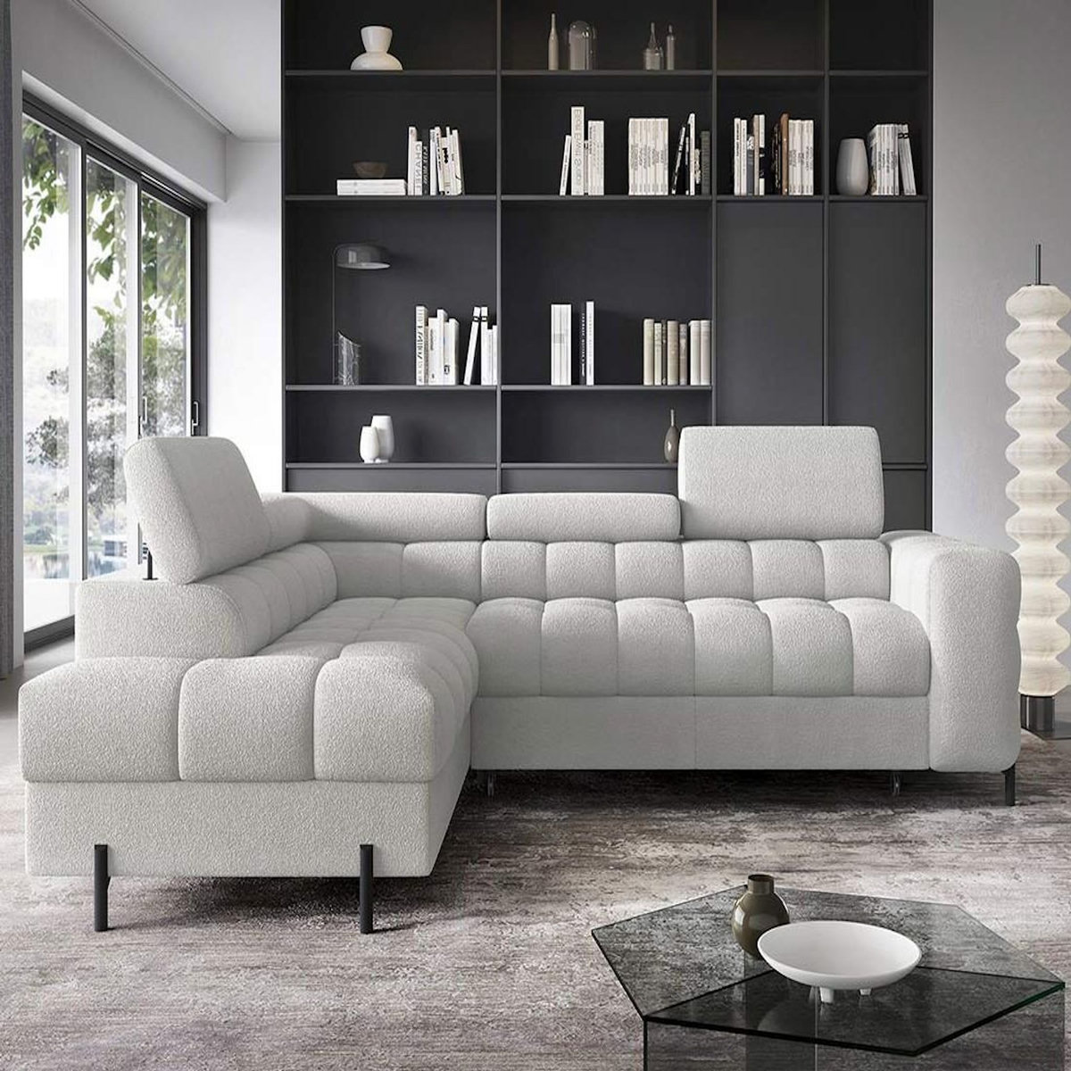 BEST MOBILIER Elisa - canapé d'angle gauche 5 places convertible avec coffre et têtières réglables en tissu bouclette