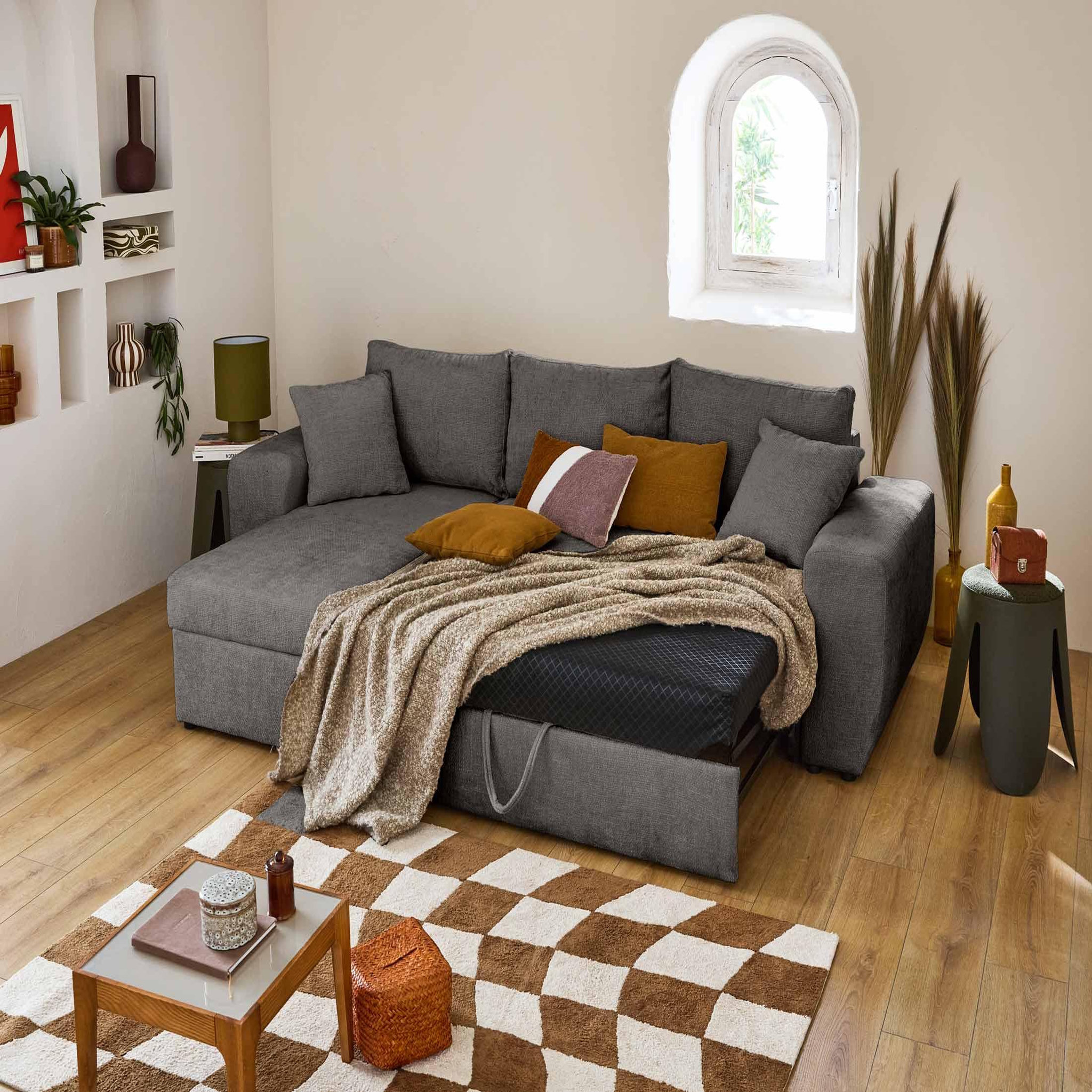 Voir la diapositive 2 : BEST MOBILIER Milan - canapé d'angle réversible 4 places - convertible avec coffre - en velours texturé