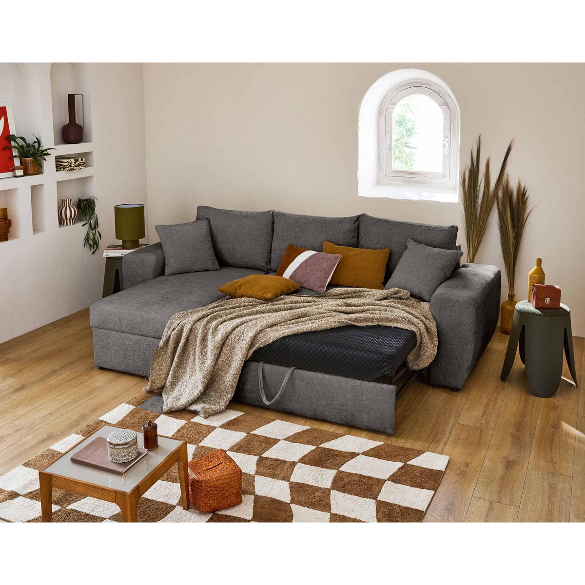 BEST MOBILIER Milan - canapé d'angle réversible 4 places - convertible avec coffre - en velours texturé