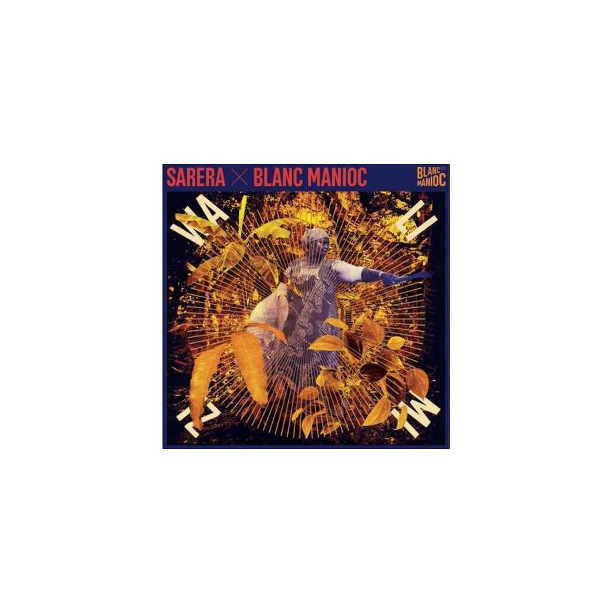 Sans marque poster graphique carré en vinyle « blanc manioc » « sarefa » tons bleu nuit, or et orange avec lettres « ya »