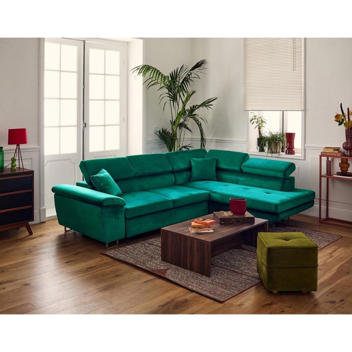 BEST MOBILIER Dimas - canapé d'angle droit 5 places - convertible avec coffre et têtières réglables - en velours