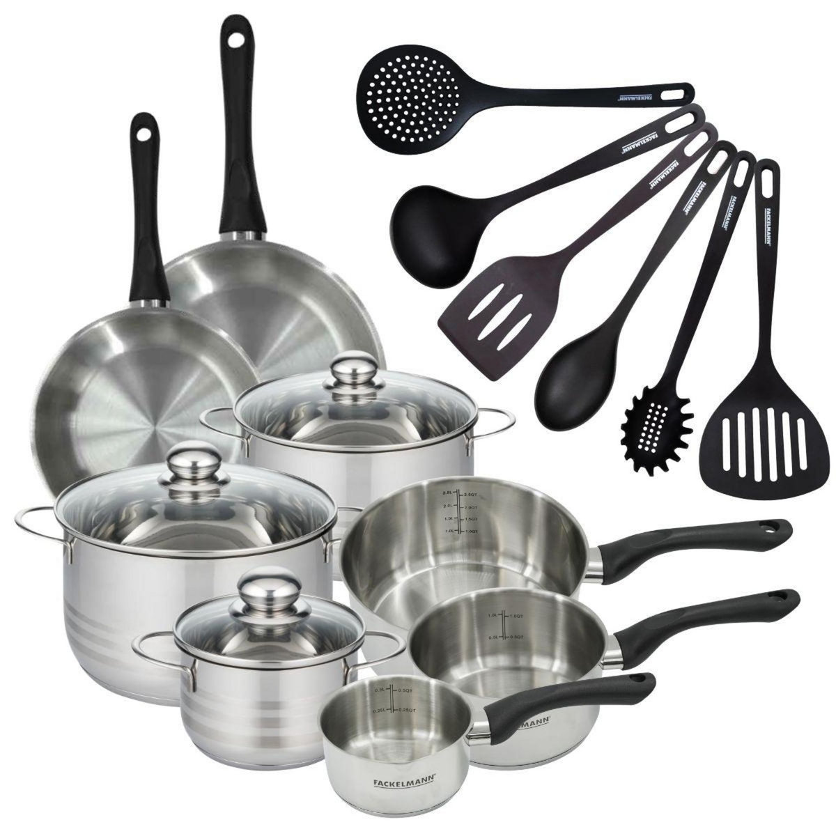 Fackelmann Set 2 poêles 20 24 cm 3 casseroles 12 16 20 cm, 3 faitouts 16, 20 et 24 cm en inox et 6 ustensiles RPET Fackelmann Geneva