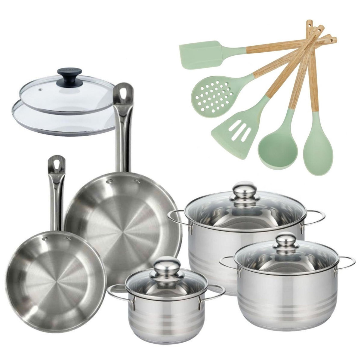 Fackelmann Lot de 2 Poêles 20/24cm et 3 Faitouts 16/20/24cm Fackelmann Etherna avec 5 ustensiles