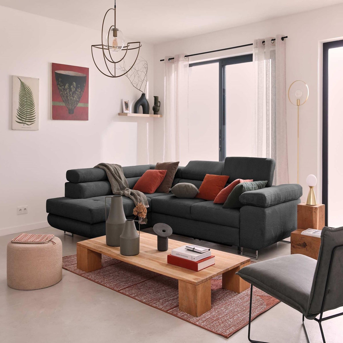 BEST MOBILIER Zaria - canapé d'angle gauche - convertible avec coffre et têtières réglables - 5 places - en velours côtelé