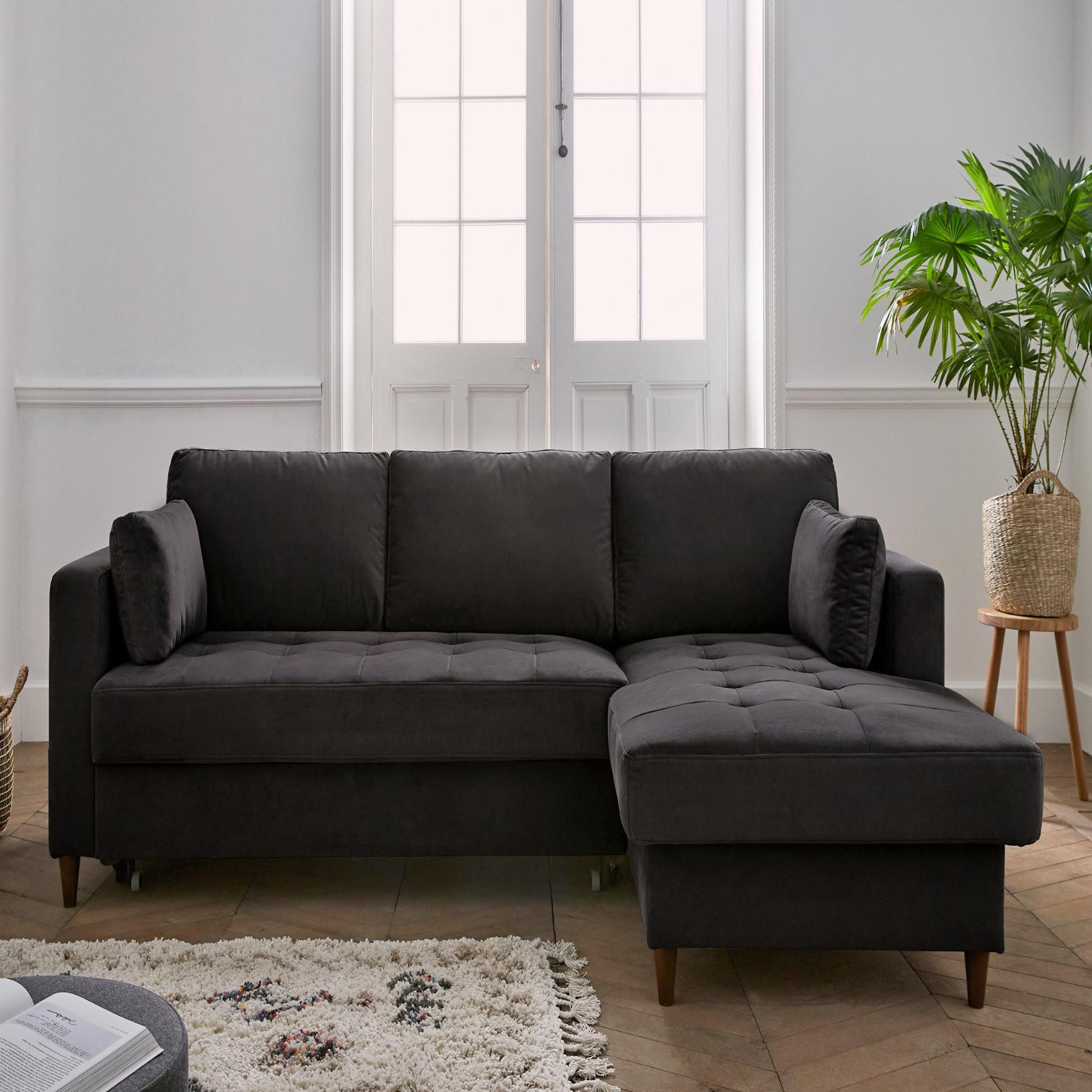 Voir la diapositive 2 : BEST MOBILIER Anna - canapé d'angle droit - 4 places - convertible avec coffre - en velours