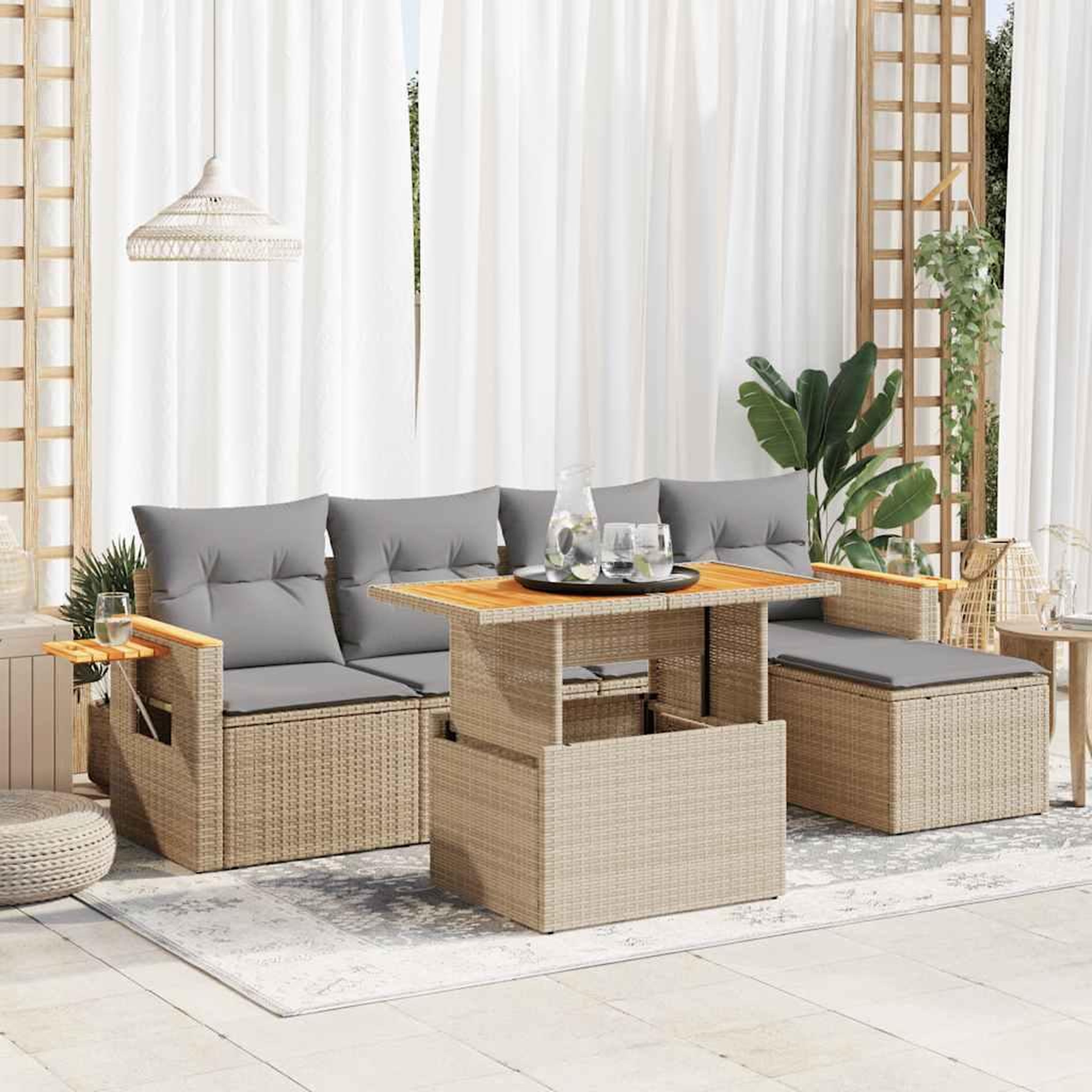 VIDAXL Salon de jardin 6 pcs avec coussins beige resine tressee acacia