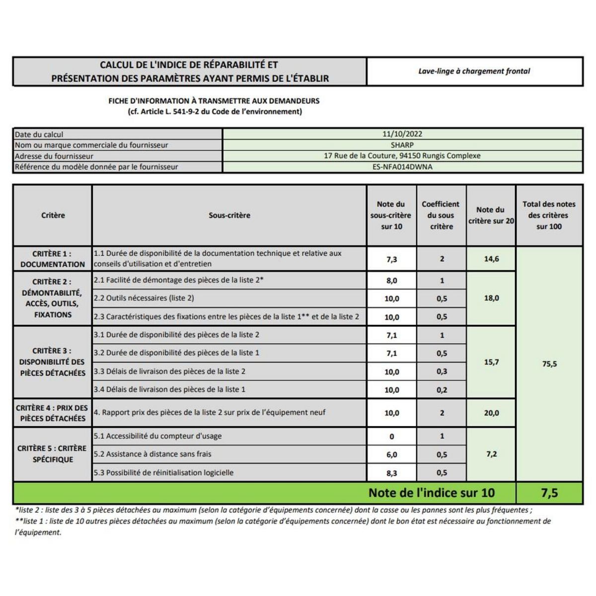 Sharp Lave-linge hublot 10kg 1400 tours/min - ESNFA014DWNA