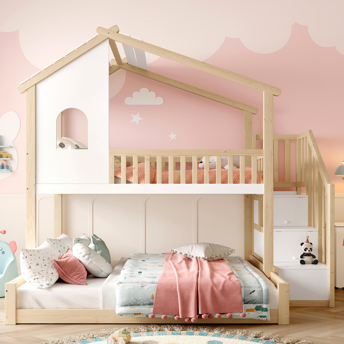 MERAX Lit superposé 140x200(90x200)cm coloris naturel+blanc pin