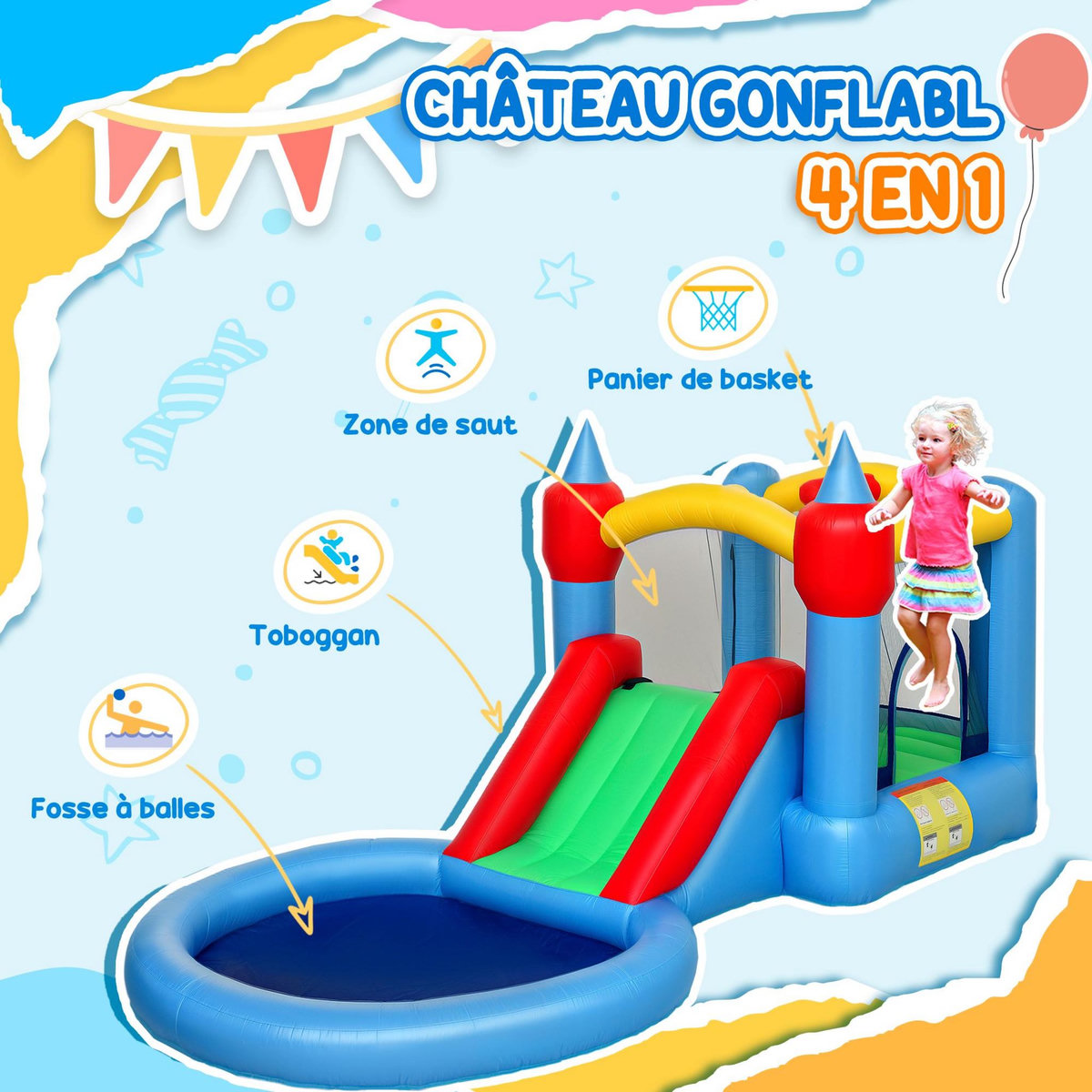 HOMCOM Château gonflable enfant 4 en 1 - toboggan, trampoline, panier basket-ball, piscine - nombreux accesoires