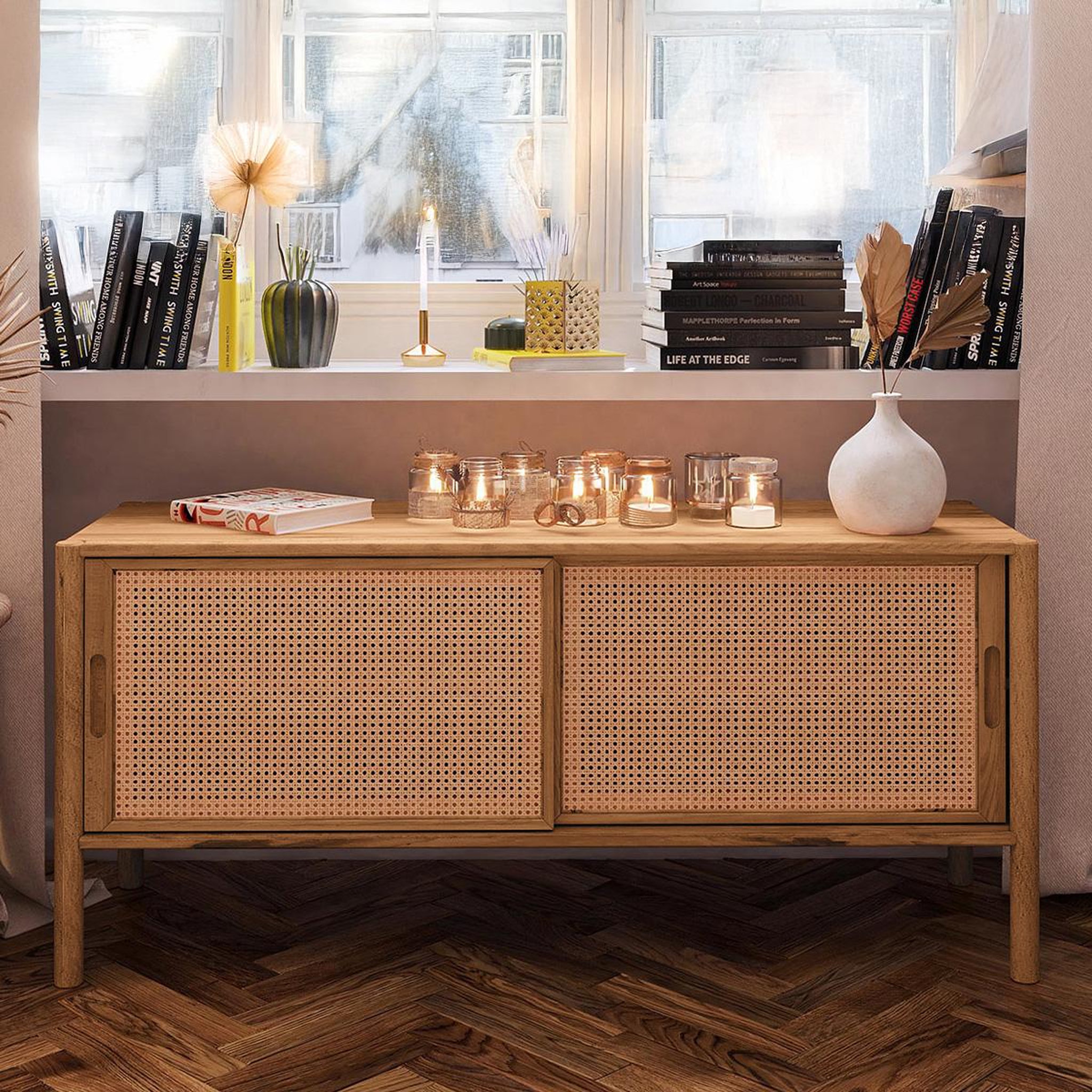 BELLECOUR Meuble bas hêtre et canage sogno 142x46 cm - Naturel