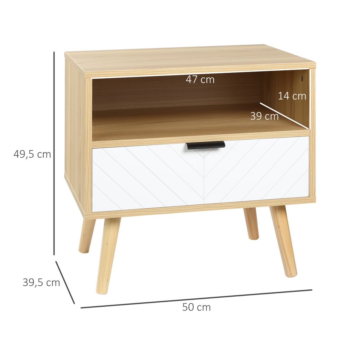 HOMCOM Chevet table de nuit design scandinave tiroir + niche bois pin panneaux particules motif chevrons blanc aspect chêne clair