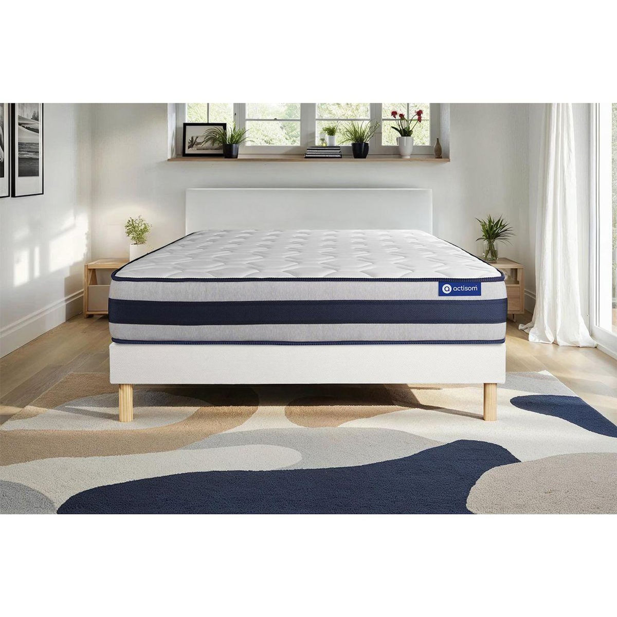 ACTISOM Ensemble matelas Ressorts ensachés + Mémoire de forme ACTIFLEX ERGO 200x200 Maxi épaisseur 5zones confort + sommier KIT blanc
