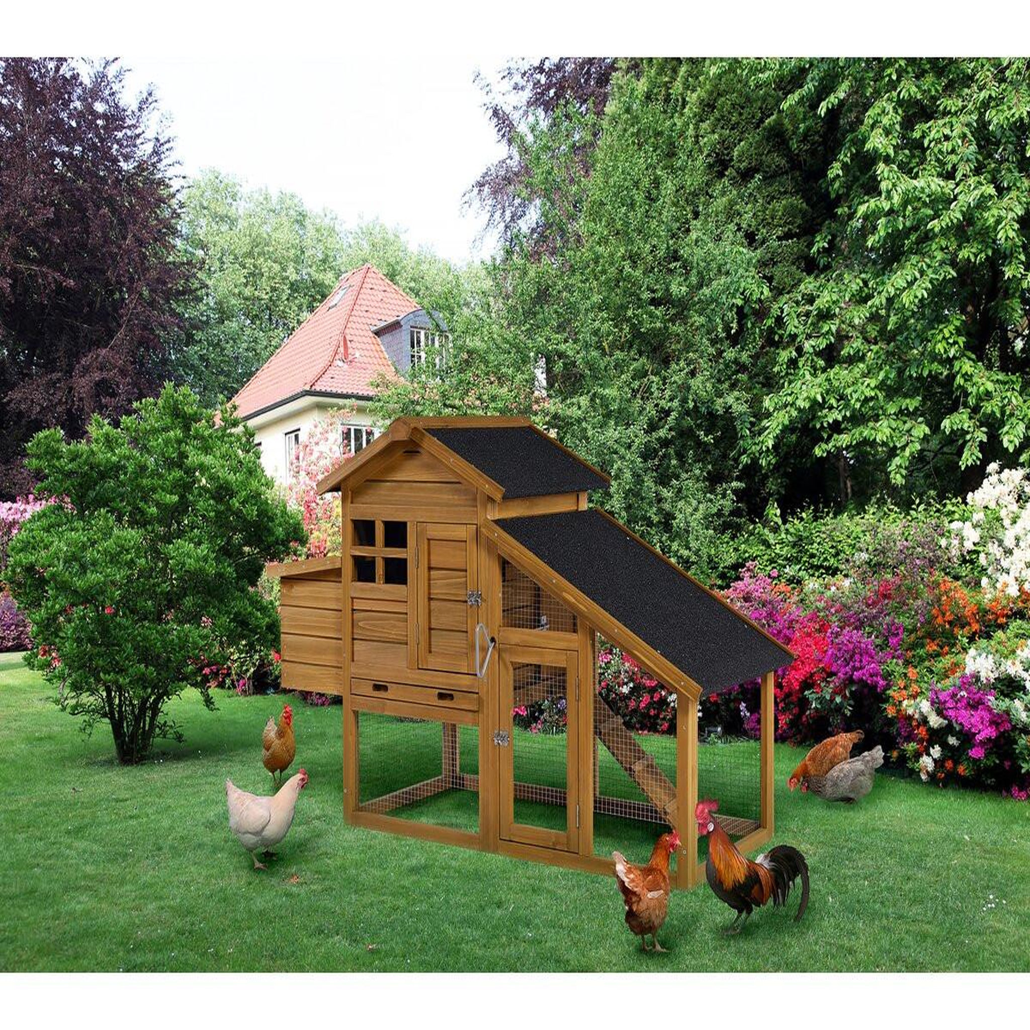 Voir la diapositive 2 : Habitat et Jardin Poulailler avec pondoir en bois  Clochette  - Marron