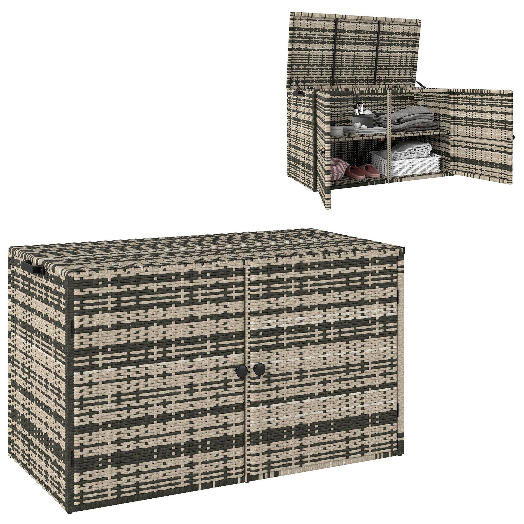 Voir la diapositive 1 : OUTSUNNY Coffre de jardin 3 portes étagère 350L dim. 118 x 57 x 69 cm résine tressée camaïeu de gris