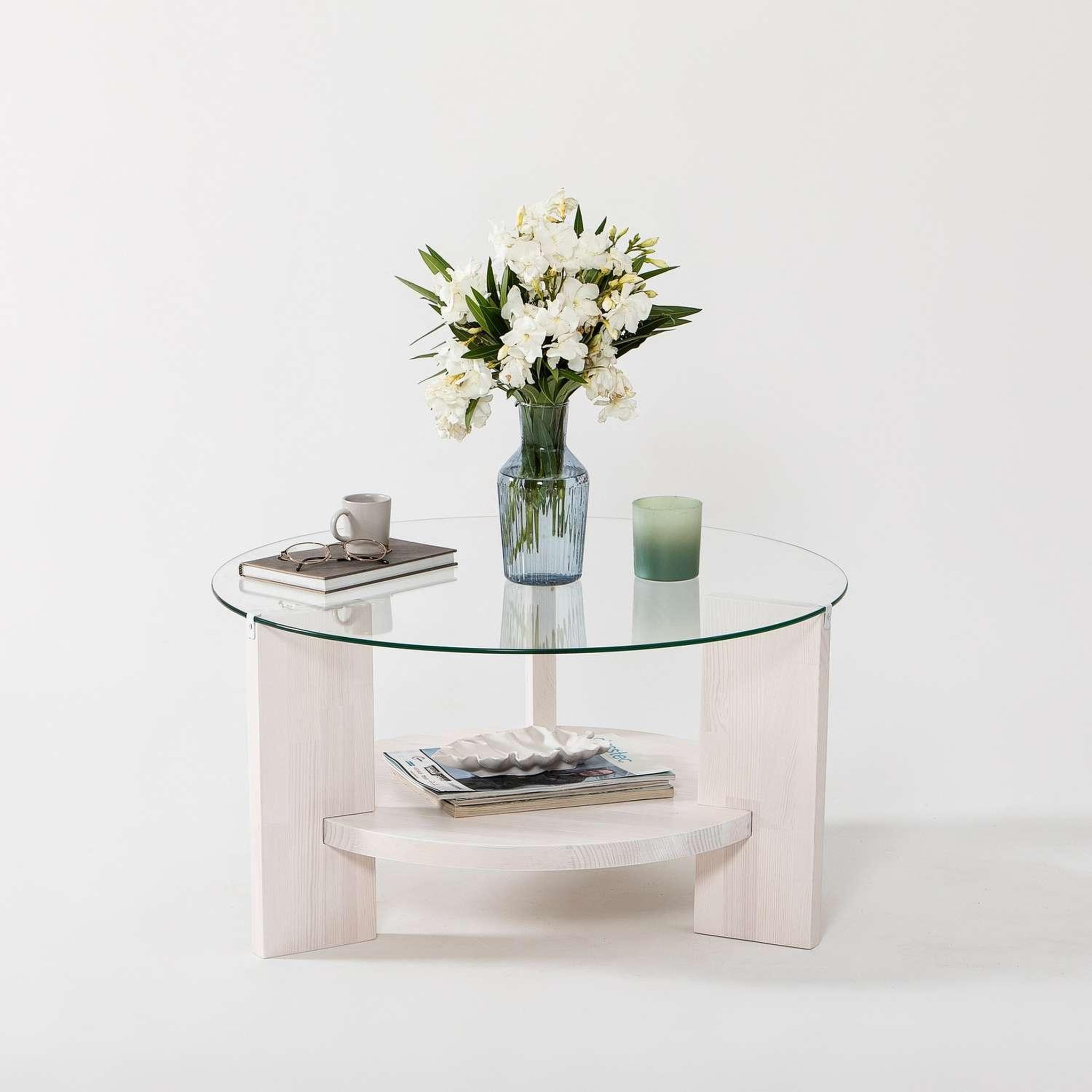 Voir la diapositive 4 : TOILINUX Table basse ronde 1 étagère auréline en verre et bois - transparent et blanc