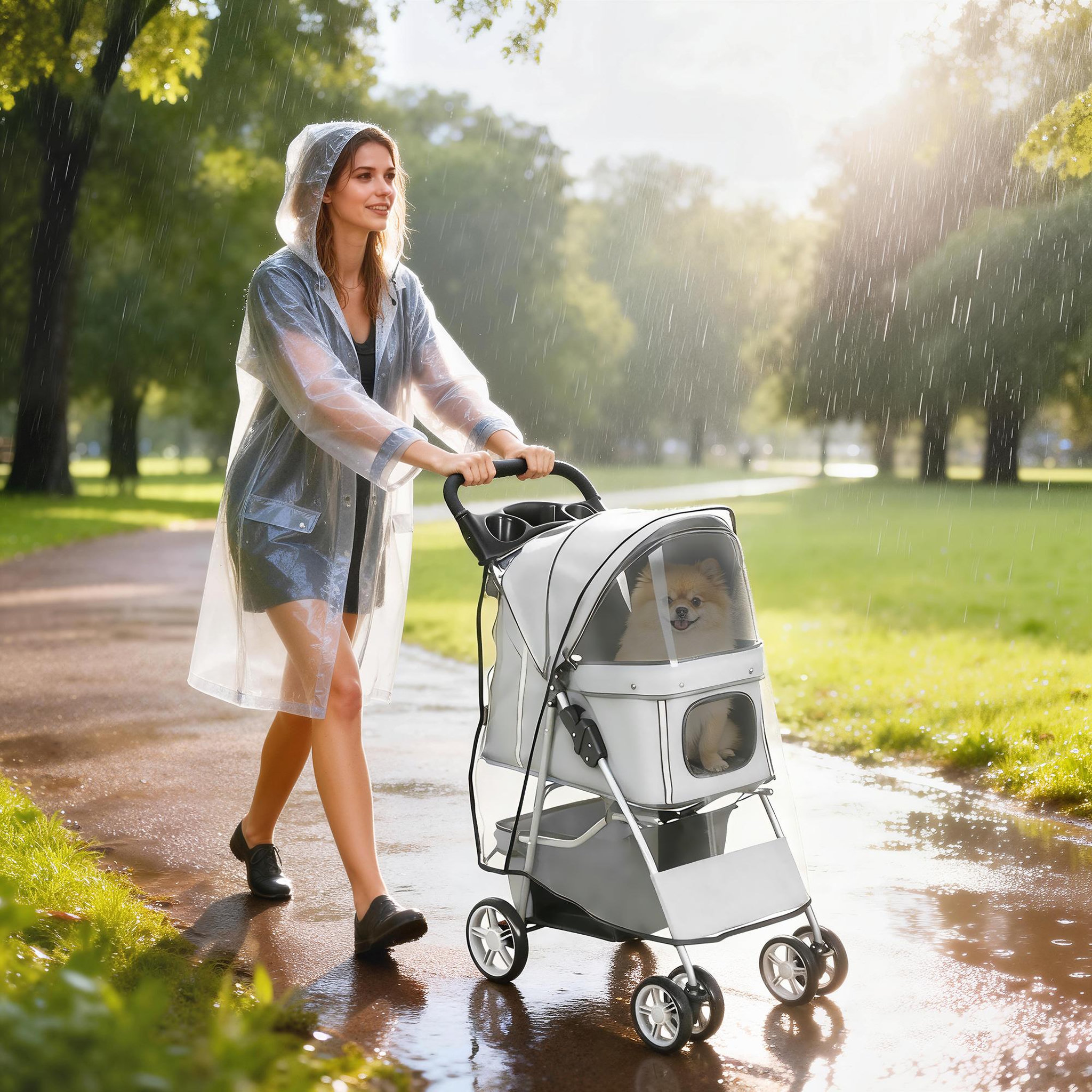 Voir la diapositive 2 : PAWHUT Poussette buggy pliable pour chiens tissu 600d oxford imperméable 4 roues gris