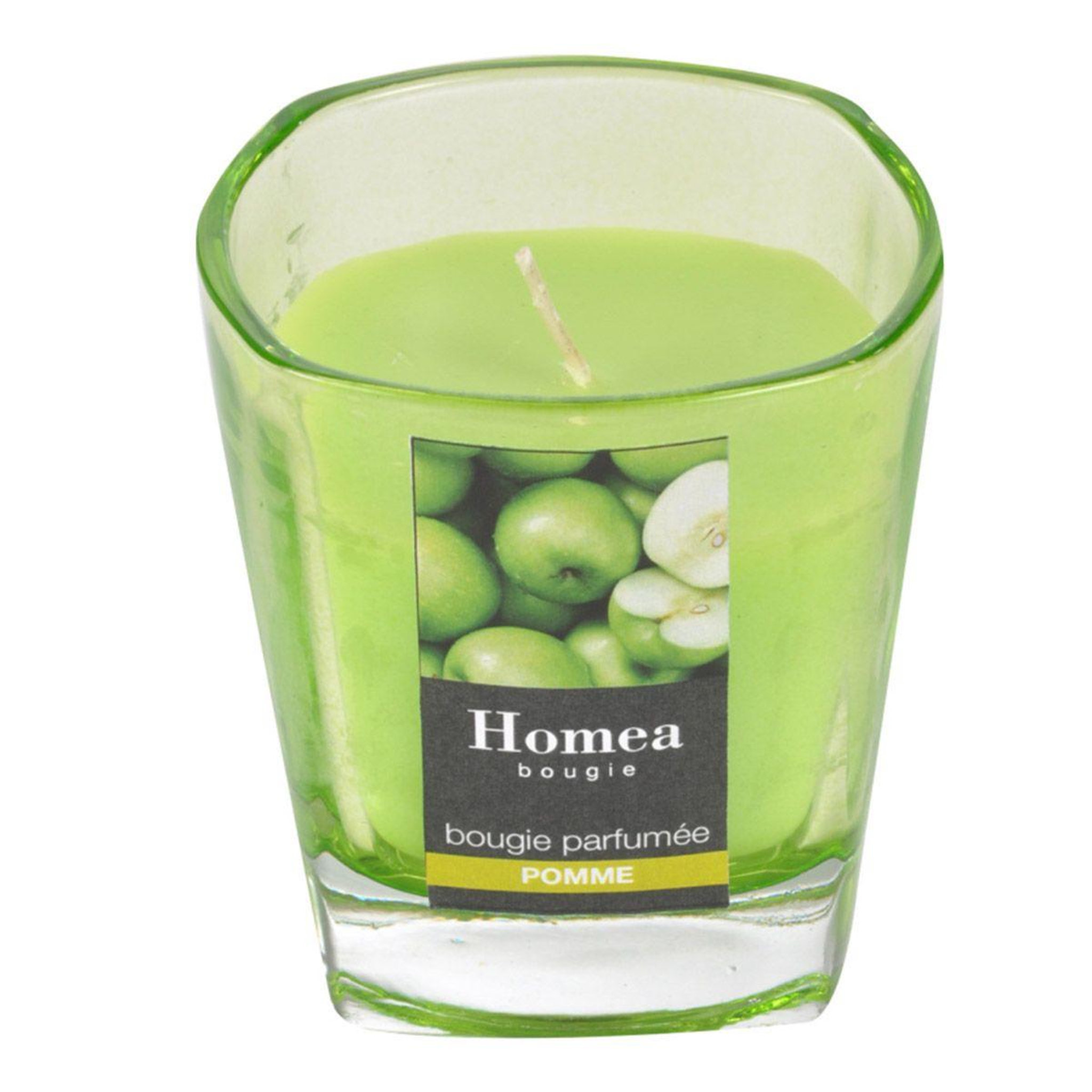 Voir la diapositive 2 : HOMEA Bougie parfumée en verre  essentiel  7cm pomme