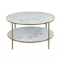 TOILINUX Table basse ronde effet marbre en verre et métal 2 niveaux - L.80 cm x H. 45 cm - Doré et blanc