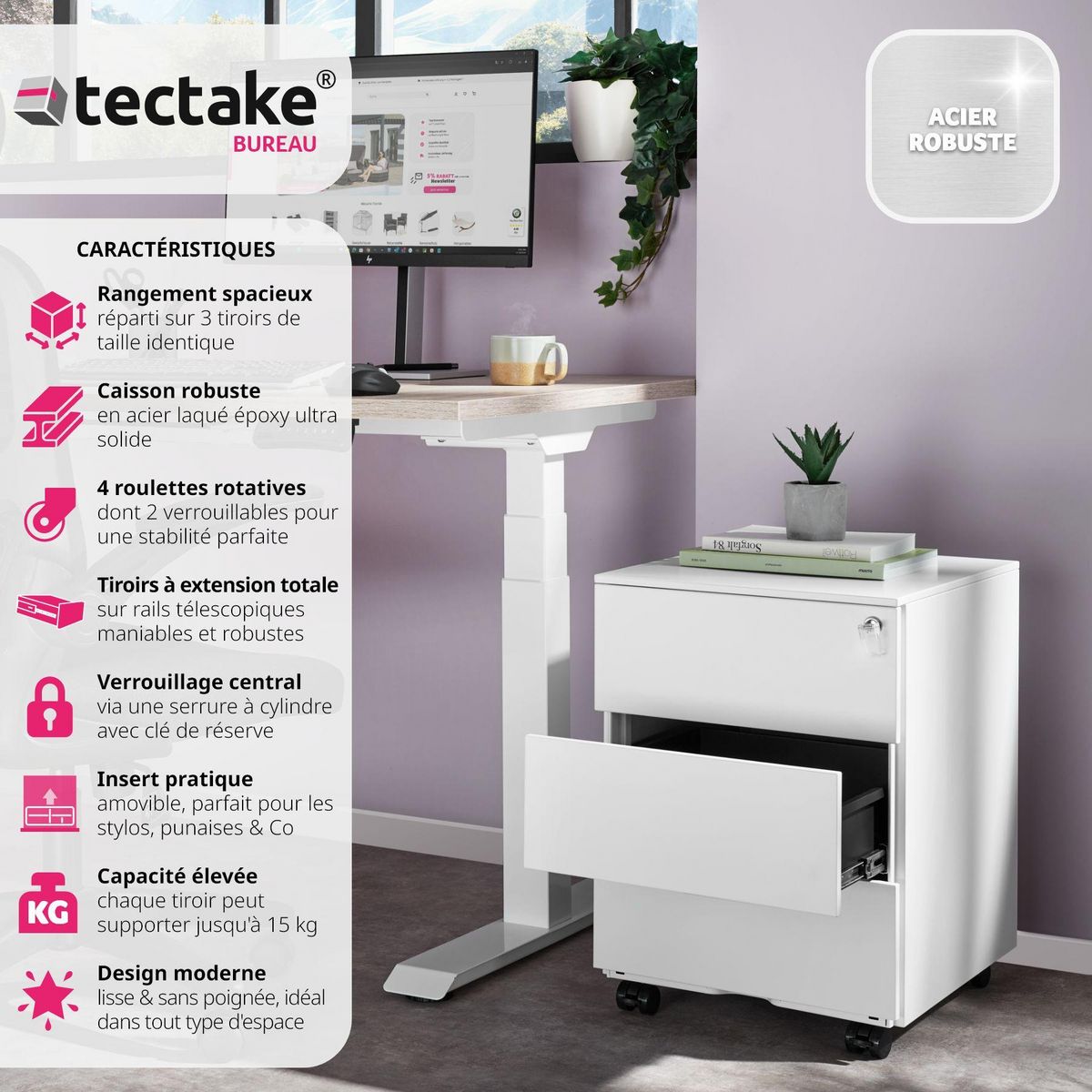 tectake Caisson de bureau à roulettes en acier laqué époxy blanc