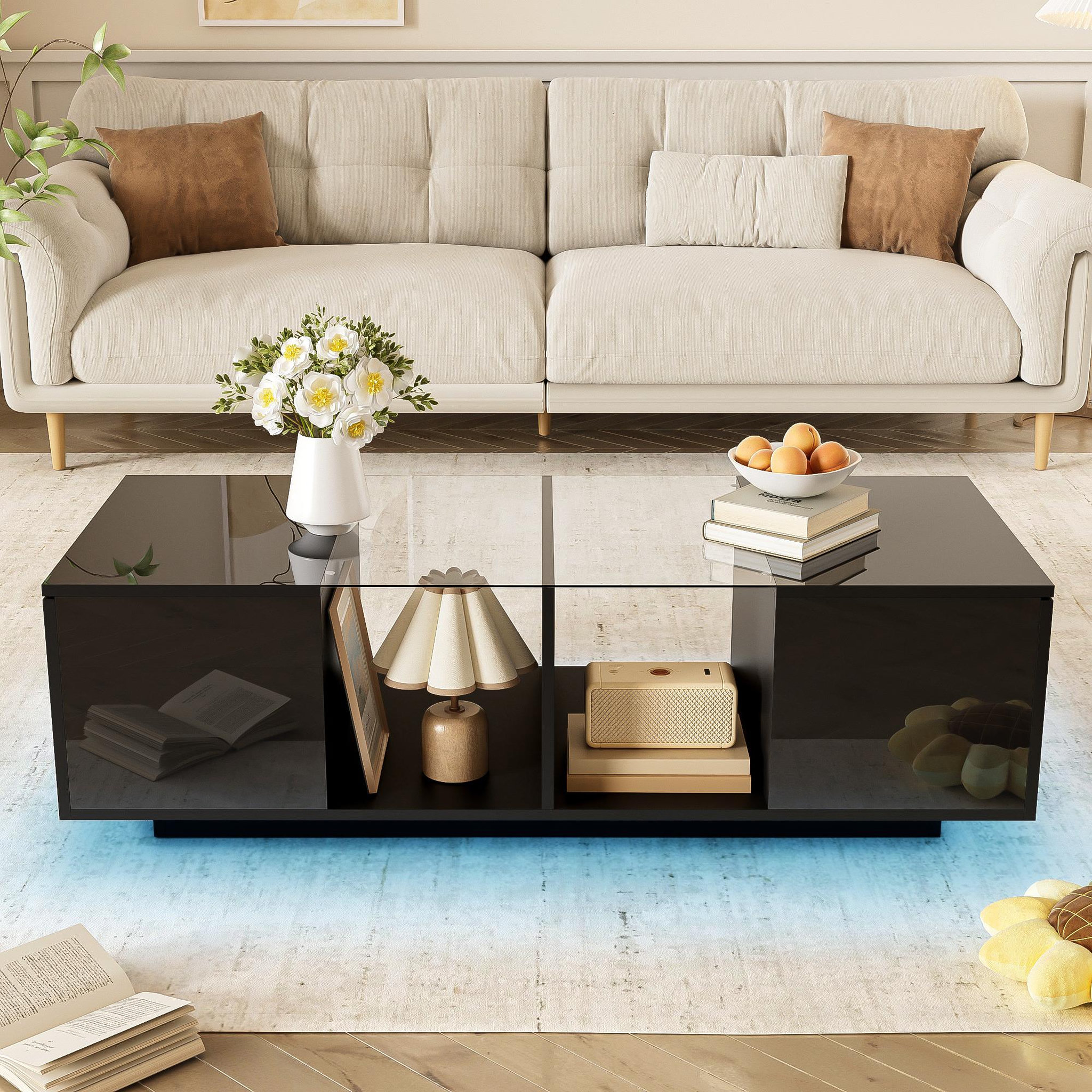 Voir la diapositive 2 : MERAX Table Basse Avec 2 Portes Et 2 Niches