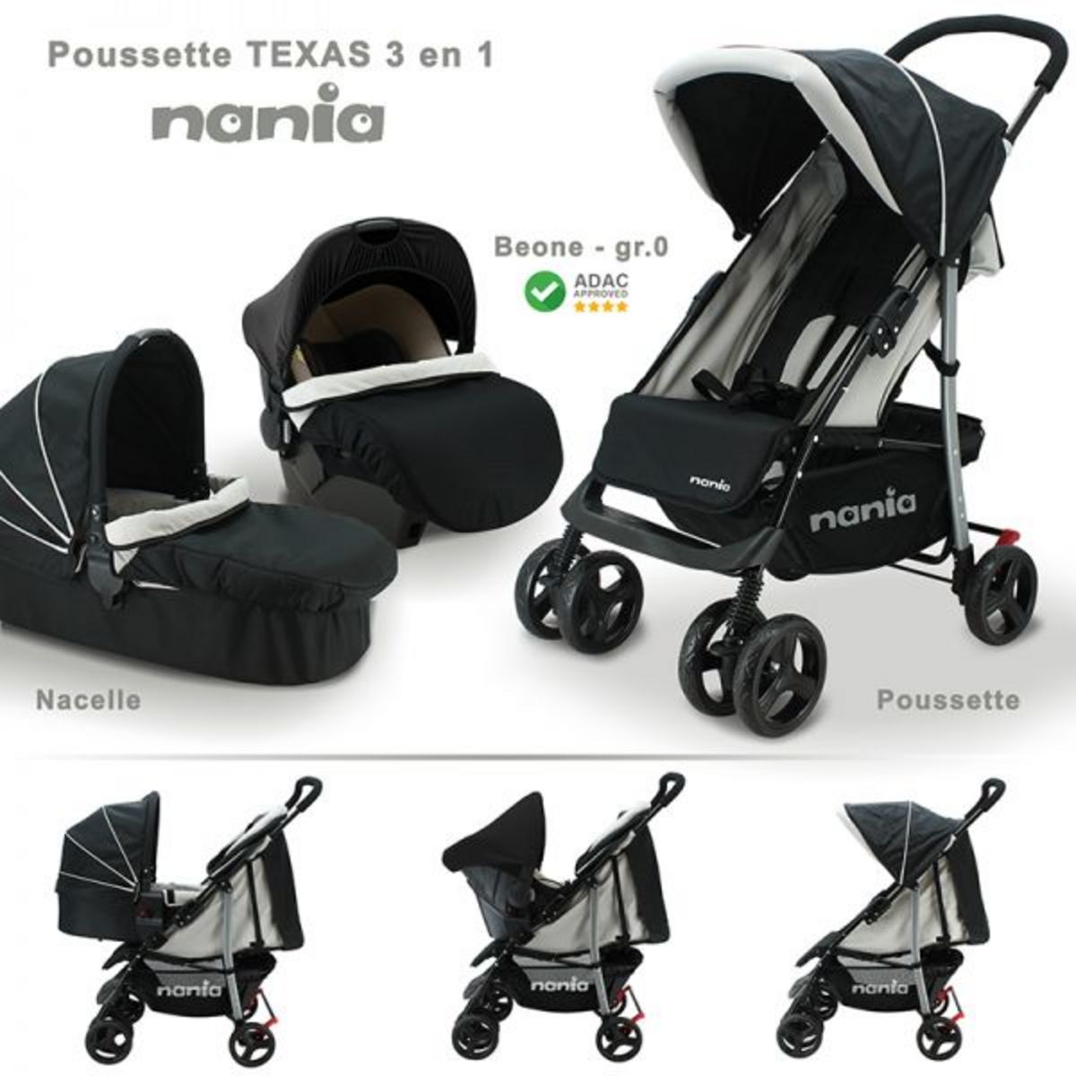 NANIA Poussette trio Texas 3 en 1 pliage rapide
