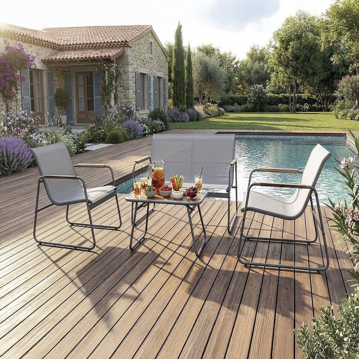 Habitat et Jardin Salon de jardin en métal avec décor imitation bois  Sparta  - 4 places - Gris clair