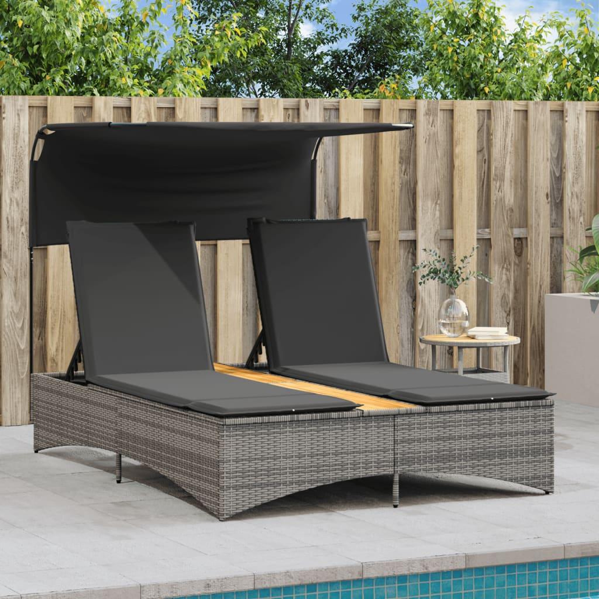Voir la diapositive 3 : VIDAXL Chaise longue double et auvent et coussins gris resine tressee
