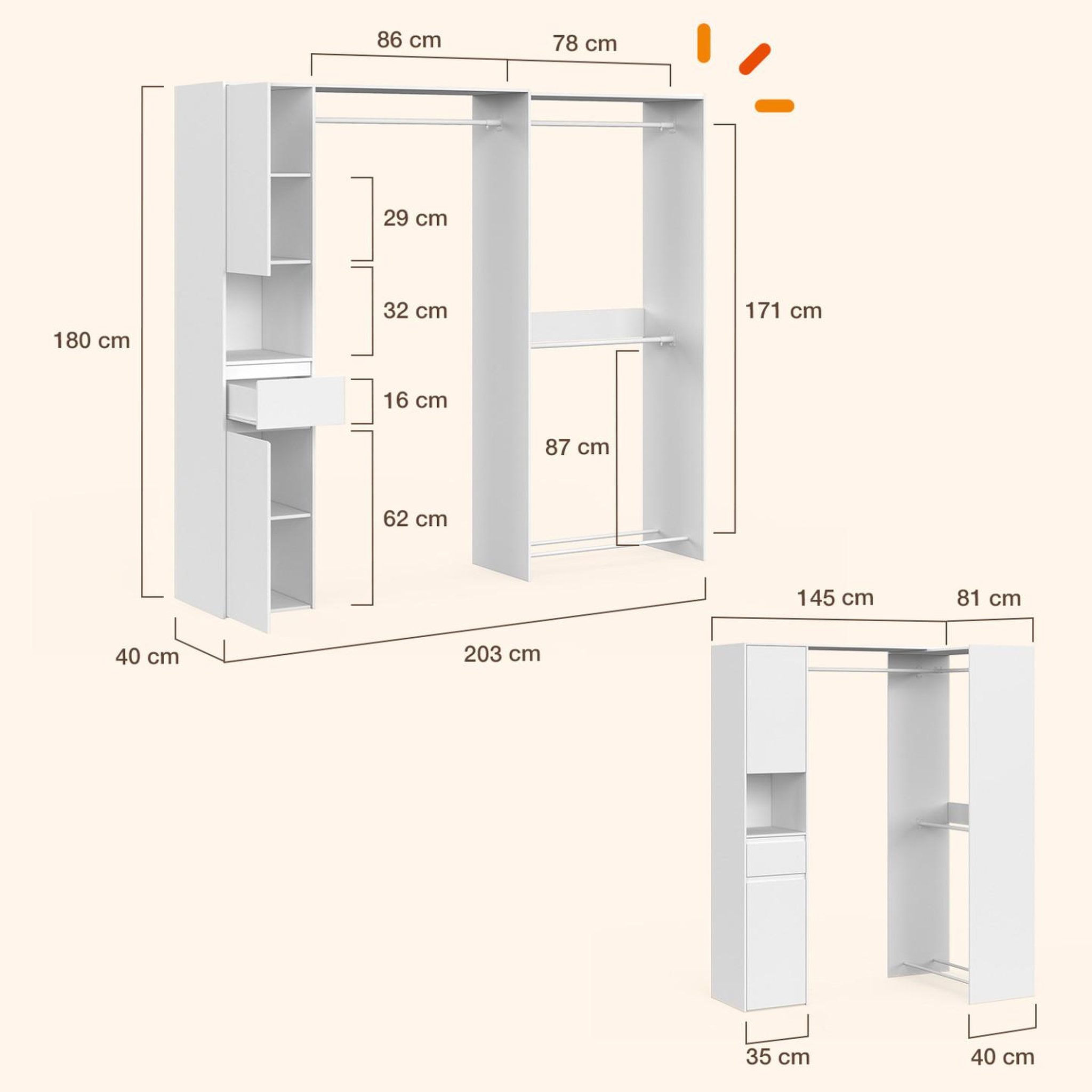 Voir la diapositive 5 : ID MARKET Dressing d'angle modulable l. 145 / 203 cm melman triple penderie + portes + tiroir + étagères blanc