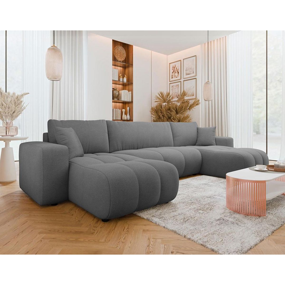 BEST MOBILIER Nicole - canapé panoramique en u 7 places convertible avec coffre en tissu