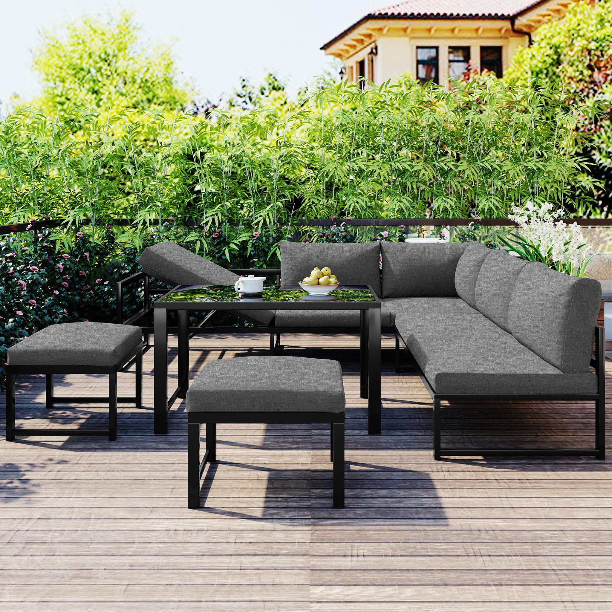 Voir la diapositive 5 : MERAX Salon de jardin 7 places en aluminium avec 1 canapé 3p, 1 canapé 2p, 2 poufs, table, coussins, gris